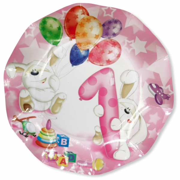 Piatti Piani di Carta Primo Compleanno Palloncini Rosa 27 cm 2 confezioni Extra